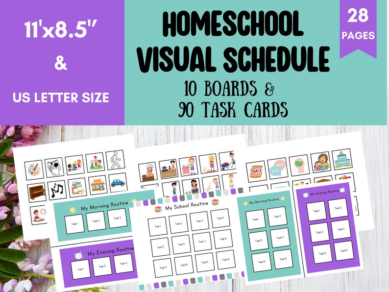 Op de afbeelding: Een set van 10 printbare homeschool visuele planningborden en 90 taakkaartjes. De borden zijn gelabeld met "Mijn ochtendroutine", "Mijn schoolroutine" en "Mijn avondroutine". De taakkaartjes bevatten verschillende afbeeldingen, waaronder een piano, een auto, een boek en een snack.