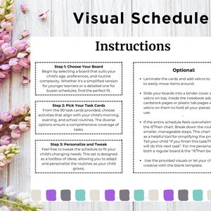 Op de afbeelding: Een visuele schema-sjabloon met instructies voor het maken van een gepersonaliseerd visueel schema voor kinderen. De sjabloon bevat een keuze aan borden, taakkaartjes en optionele accessoires zoals klittenband en een mapomslag.