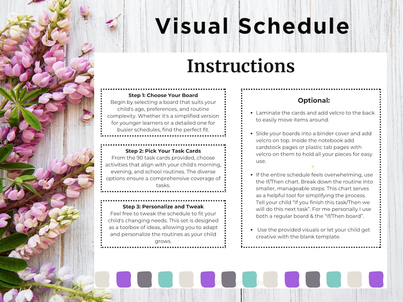 Op de afbeelding: Een visuele schema-sjabloon met instructies voor het maken van een gepersonaliseerd visueel schema voor kinderen. De sjabloon bevat een keuze aan borden, taakkaartjes en optionele accessoires zoals klittenband en een mapomslag.