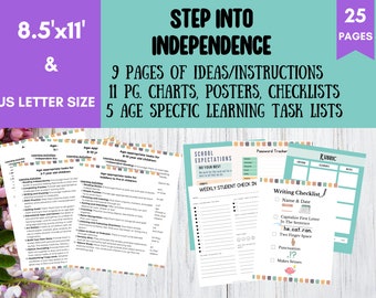 Op de afbeelding: Een set met printbare werkbladen om kinderen te helpen hun onafhankelijkheid te ontwikkelen. De set bevat 9 pagina's met ideeën en instructies, 11 diagrammen, posters en checklists, en 5 leeftijdsgebonden leertakenlijsten. De werkbladen zijn in US letter formaat (8,5 x 11 inch) en er zijn in totaal 25 pagina's.