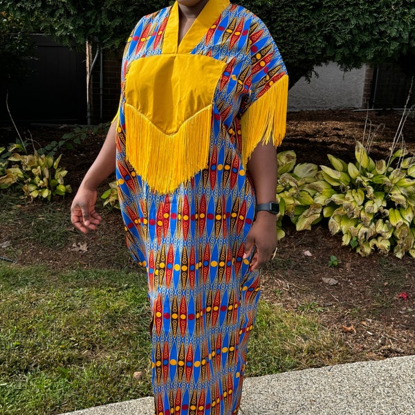Maxi ankara fringe bubu, low front split, includes scarf, boubou party Dress, muslimah dress, church Outfit, African print, rich auntie vibe