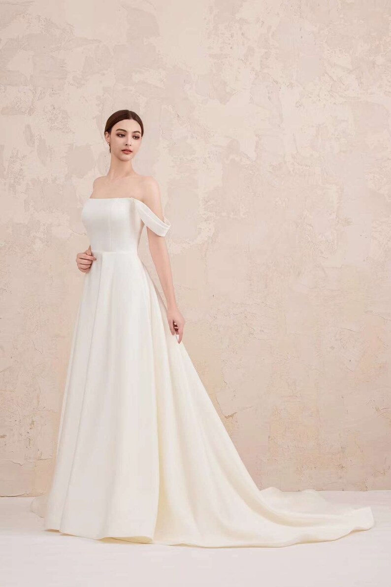 Elegant Offshoulder Satin Wedding Dress With Slit, Classic Aline