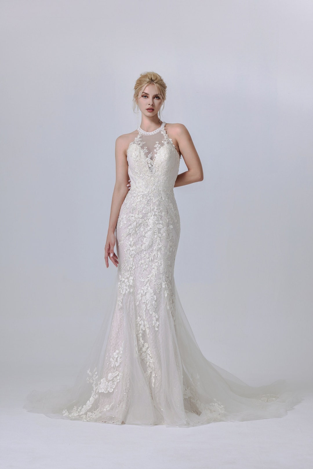 Halter See Through Lace Cheap Wedding Dresses Online, Cheap Bridal Dresses, WD657