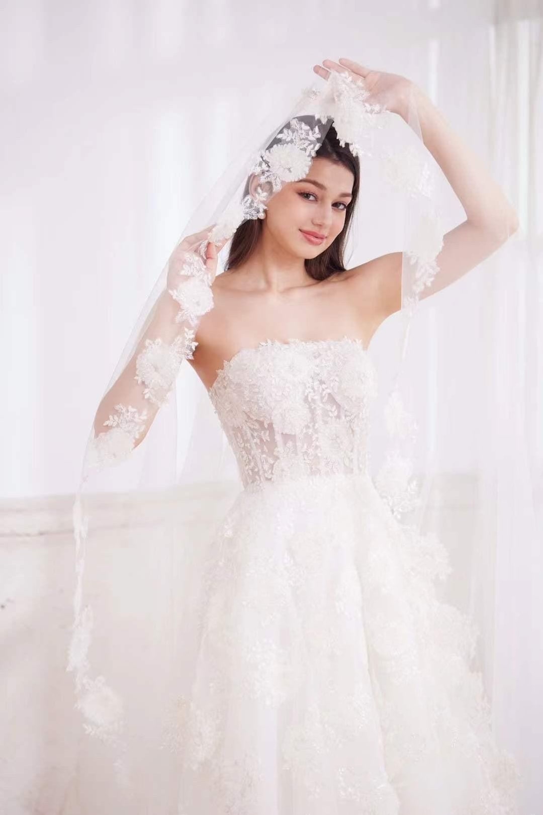 Light Blue Strapless Lace A Line Bow Lace Wedding Dress