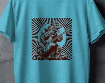 Godzilla suona la chitarra elettrica, camicia retrò Girocollo unisex dalla vestibilità ampia, camicia con detto divertente, camicia divertente, camicia Godzilla, camicia vintage