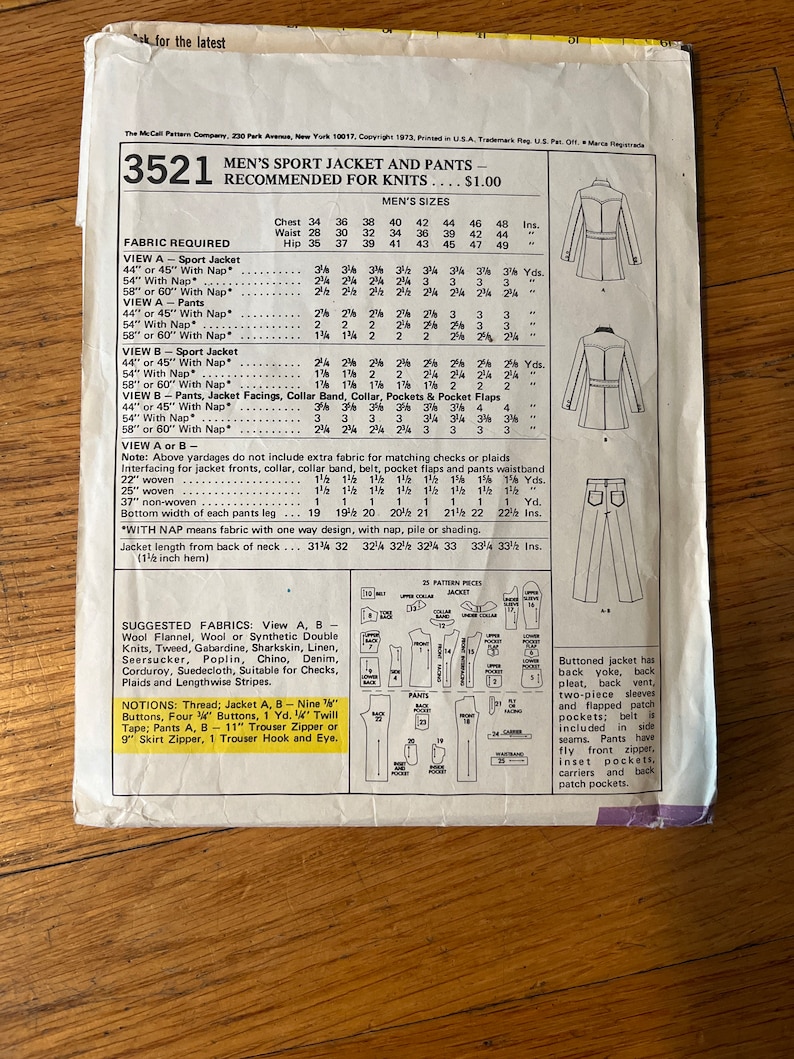 Mccall’s 3521, Vintage 1973 Sewing Pattern. Men’s Sport Jacket and ...