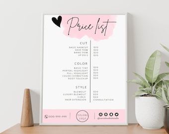 Szablon cennika DIY, edytowalny projekt cennika salonu kosmetycznego, szablon Canva do druku dla stylisty fryzur, peruki, warkoczy, paznokci i rzęs