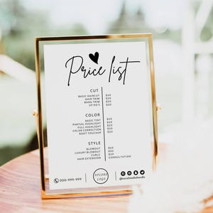 Szablon listy cen DIY, edytowalny szablon listy cen Canva, cennik pakietu salonu kosmetycznego, paznokci, makijażu, fryzjera, przewodnik cenowy do druku