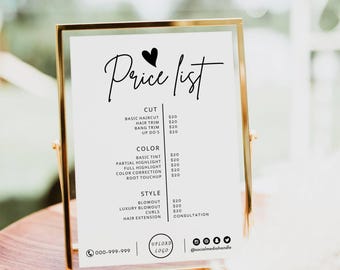 Modello di listino prezzi fai da te, modello di listino prezzi modificabile Canva, listino prezzi per pacchetti di salone di bellezza, unghie, trucco e parrucchiere, guida ai prezzi stampabile