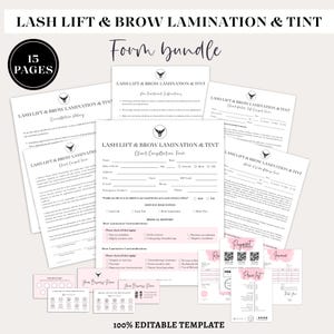 May include: A collection of 15-page forms for lash lift, brow lamination, and tint services. The forms include client consultation, cancellation policy, pre-treatment instructions, and a price list. The forms are in black and white with pink accents.