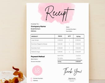 Plantilla de recibo editable, recibo digital para pequeñas empresas, formulario de recibo, recibo de cliente, recibo de venta, plantillas de Canva, descarga instantánea