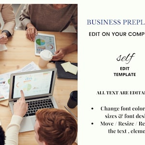 Puede incluir: Una reuni&oacute;n de negocios tiene lugar alrededor de una mesa de madera. Un port&aacute;til muestra gr&aacute;ficos, con el texto "BUSINESS PREPLATES, EDIT ON YOUR COMPUTER, EDIT TEMPLATE". Tambi&eacute;n hay otros documentos y una tableta.