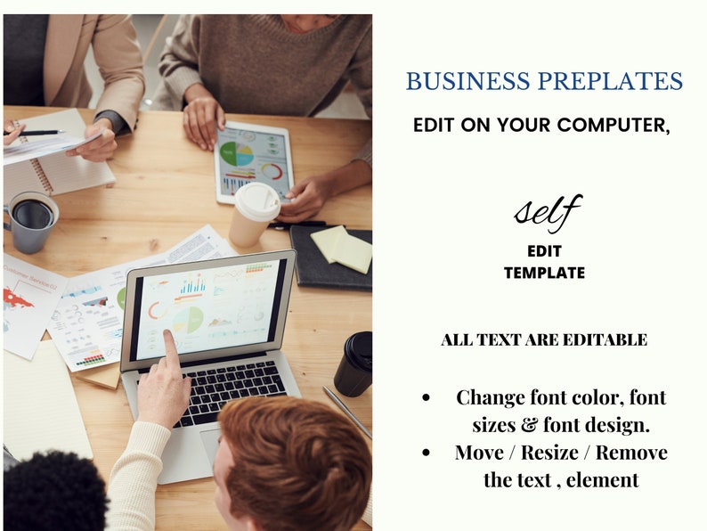 Puede incluir: Una reuni&oacute;n de negocios tiene lugar alrededor de una mesa de madera. Un port&aacute;til muestra gr&aacute;ficos, con el texto "BUSINESS PREPLATES, EDIT ON YOUR COMPUTER, EDIT TEMPLATE". Tambi&eacute;n hay otros documentos y una tableta.