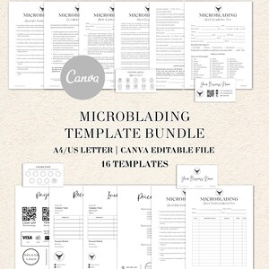Pode incluir: Um pacote de modelos de microblading com 16 documentos editáveis nos tamanhos A4 e carta dos EUA. O conjunto inclui formulários de consulta, consentimento, listas de preços, faturas, cartões de fidelidade e cartões de visita.