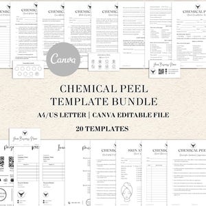 May include: A digital bundle of 20 black and white chemical peel templates for A4 and US Letter paper. The documents include client consultation forms, treatment instructions, and business cards with text and icons, all fully editable in Canva.