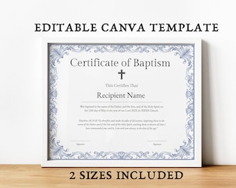 Modello di certificato di battesimo modificabile, certificato di battesimo, modello Canva, ricordo per la famiglia, battesimo personalizzato per bambini in Canva fai da te