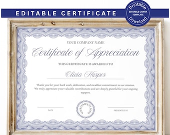EDITABLE Appreciation Certificate Template Printable Certificate of Appreciation, Recognition Certificate Customize Appreciation Certificate