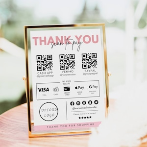 Edytowalny szablon kodu QR do skanowania i płacenia za podpisanie Canva, drukowany znak płatności, znak akceptowanych płatności, znak CashApp Venmo, dostosowywany DIY