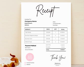 Plantilla de recibo editable, recibo digital para pequeñas empresas, formulario de recibo, recibo de cliente, recibo de venta, plantillas de Canva, descarga instantánea