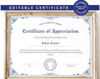 EDITABLE Appreciation Certificate Template Printable Certificate of Appreciation, Recognition Certificate Customize Appreciation Certificate