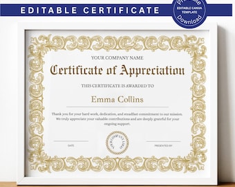 EDITABLE Appreciation Certificate Template Printable Certificate of Appreciation, Recognition Certificate Customize Appreciation Certificate