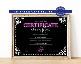 Editable Certificate Of Completion, Canva Template, Printable Course Completion Certificate, Beauty Award, Artist Training Certificate DIY