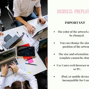 Puede incluir: Vista a&eacute;rea de un grupo trabajando en una mesa blanca con port&aacute;tiles, papeles y tabletas. La imagen incluye el texto "BUSINESS PREPLATES" y "IMPORTANT" con vi&ntilde;etas sobre cambios de ilustraciones y plantillas, y el uso del navegador Canva.