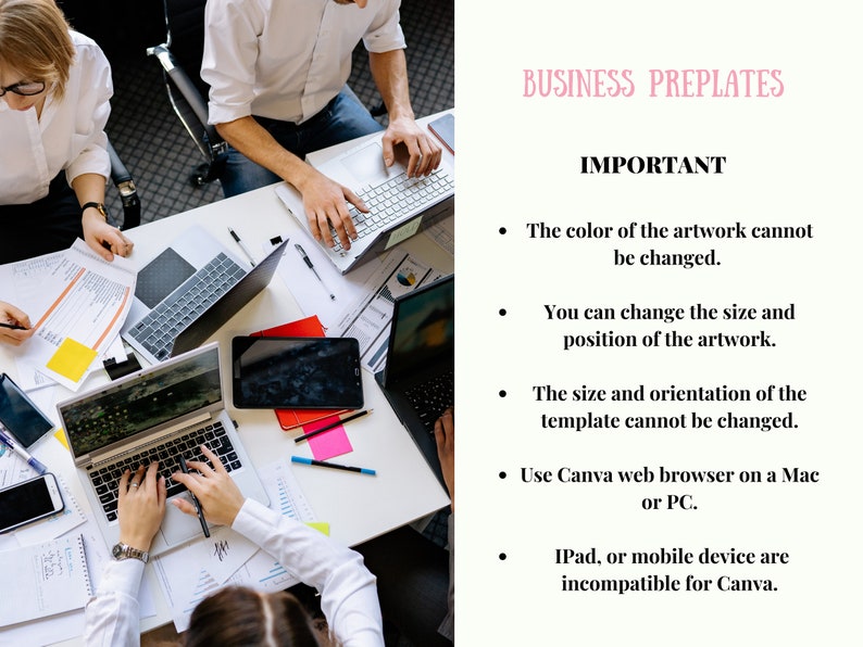 Puede incluir: Vista a&eacute;rea de un grupo trabajando en una mesa blanca con port&aacute;tiles, papeles y tabletas. La imagen incluye el texto "BUSINESS PREPLATES" y "IMPORTANT" con vi&ntilde;etas sobre cambios de ilustraciones y plantillas, y el uso del navegador Canva.