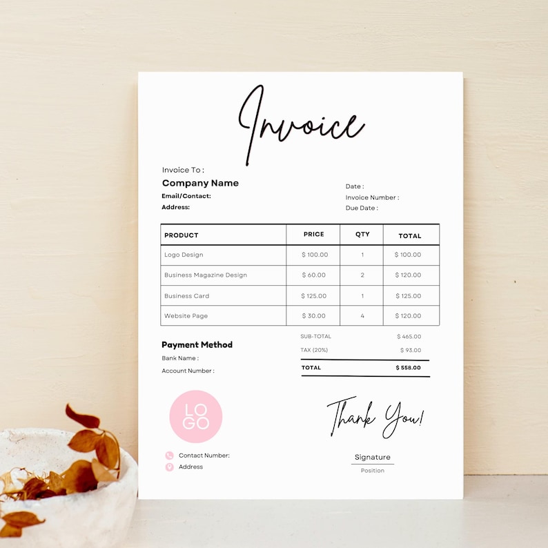 Puede incluir: Una factura blanca con escritura negra, con la palabra "Invoice" en la parte superior. La factura incluye secciones para los detalles de la empresa, descripciones de productos, precios y un mensaje "Thank You!". Un logotipo rosa est&aacute; en la parte inferior.
