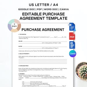Może przedstawiać: Edytowalny szablon umowy kupna-sprzedaży w formatach A4 i US Letter, kompatybilny z Google Docs, PDF, Word i Canva. Dokument zawiera sekcje dotyczące stron, sprzedaży, ceny zakupu i metod płatności oraz wskaźnik 2 stron.