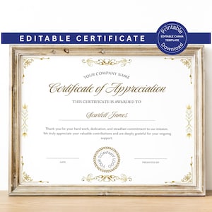 May include: A framed certificate of appreciation with gold text and decorative elements. The certificate includes the text "Certificate of Appreciation" and "Editable Certificate". The frame is a light brown color.