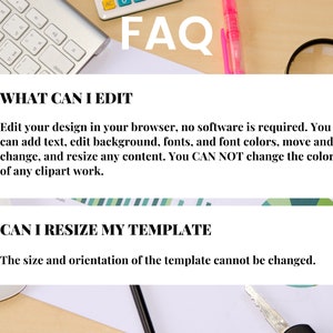 Puede incluir: Vista superior de un escritorio con material de oficina y documentos. La imagen incluye un teclado, una calculadora, un bol&iacute;grafo, una lupa y una llave. El texto del documento dice "FAQ" y proporciona informaci&oacute;n sobre la edici&oacute;n y el cambio de tama&ntilde;o de las plantillas.