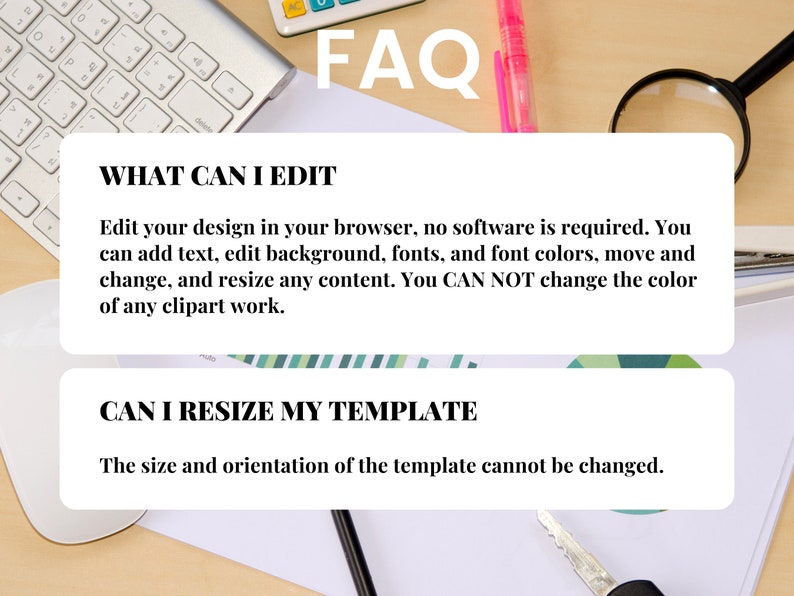 Puede incluir: Vista superior de un escritorio con material de oficina y documentos. La imagen incluye un teclado, una calculadora, un bol&iacute;grafo, una lupa y una llave. El texto del documento dice "FAQ" y proporciona informaci&oacute;n sobre la edici&oacute;n y el cambio de tama&ntilde;o de las plantillas.