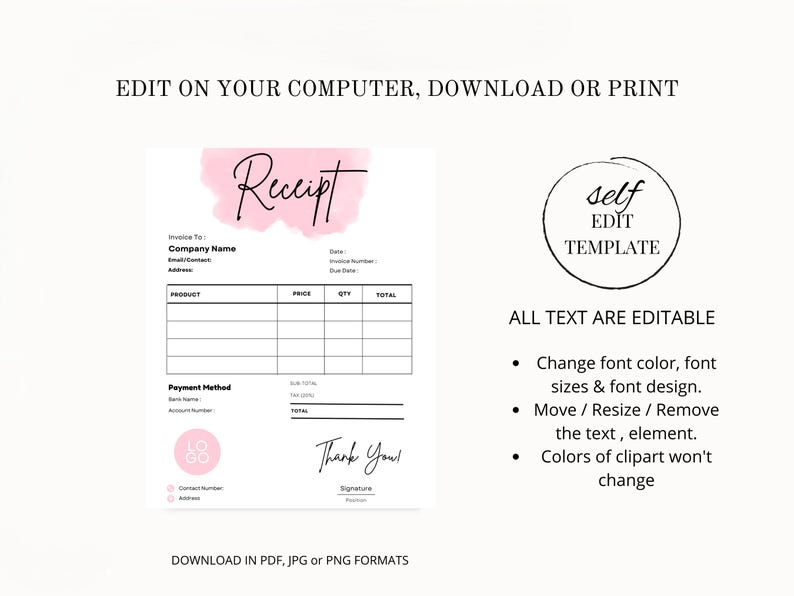 Receipt Editable Mini Editable Receipt Template, Small Business Digital Receipt, Receipt Form ...