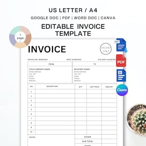 May include: An editable invoice template document in US Letter and A4 sizes, compatible with Google Doc, PDF, Word Doc, and Canva. The form features fields for company information, recipient details, a numbered item list, and totals.