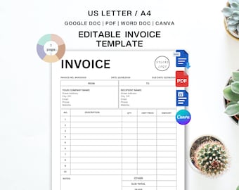Plantilla de factura editable, factura imprimible en Word, formulario de factura personalizado, plantilla de factura de servicios para pequeñas empresas, plantilla de facturación en blanco