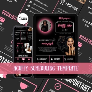 May include: A black and pink scheduling template for a hair salon called "Pretty Hair Studio". The template includes contact information, availability, and important rules. The template also features a photo of a stylist and the text "Meet the Stylist, Monica Joseph".