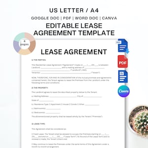 May include: An editable lease agreement template in US Letter and A4 sizes, compatible with Google Doc, PDF, Word Doc, and Canva. The document features sections for parties, property details, and lease type, with a circular 4-page indicator icon.