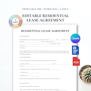 May include: A five-page editable residential lease agreement document template featuring black text on a white background. The document includes sections for parties, property details, and lease type, with icons for Canva, Word, and PDF formats.