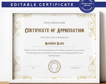 EDITABLE Appreciation Certificate Template Printable Certificate of Appreciation, Recognition Certificate Customize Appreciation Certificate