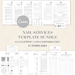 May include: A bundle of 17 printable nail services templates in A4 and US Letter sizes, featuring black text on white paper. Includes client consultation forms, price lists, loyalty cards, and business cards with a bull logo and Canva branding.