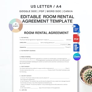 Könnte beinhalten: Eine bearbeitbare Vorlage für einen Zimmervermietungsvertrag in A4 und US Letter. Das Dokument enthält Abschnitte zu Parteien, Adresse, Mietdauer, Mietzahlung, Kaution und Verzugsgebühren. Kompatibel mit Google Doc, PDF, Word und Canva.