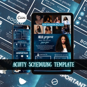 May include: A blue and black digital template for scheduling appointments. The template features a stylised image of a woman with curly hair and the text "ACUITY SCHEDULING TEMPLATE".