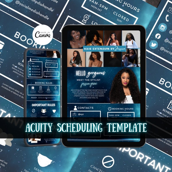 Hair Stylist Acuity Scheduling Template, Hair Stylist Branding Hair Stylist Website, Canva Template, Blue Black Acuity DIY Mua Nail Tech