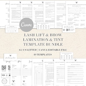 May include: A digital template bundle for lash lift and brow lamination services, featuring 19 editable documents including client consultation forms, aftercare instructions, and business cards with black text on white paper, formatted for A4 and US Letter.