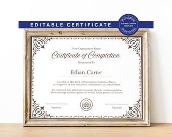 Editable Certificate Of Completion, Canva Template, Printable Course Completion Certificate, Beauty Award, Artist Training Certificate DIY