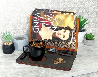 Wood and Leather Book Holder: Nightstand Organizer, Book Nook Rest