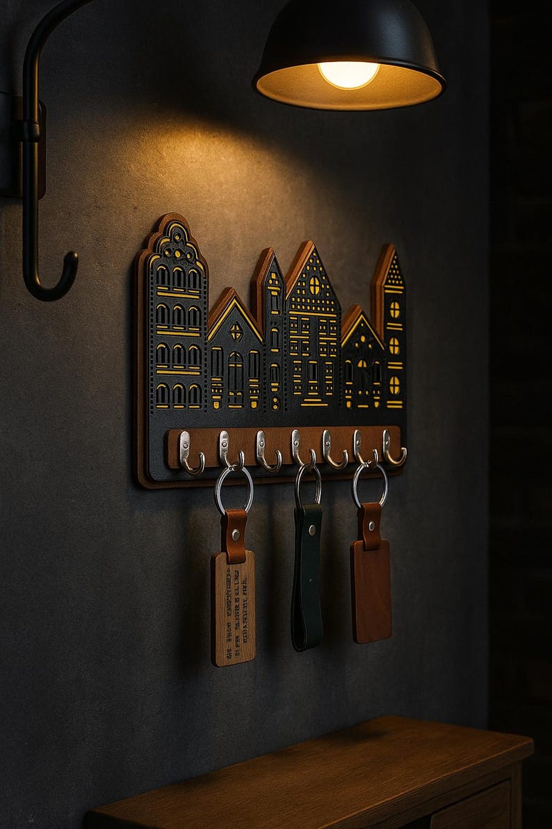 Wooden Key Holder in the Shape of Charming Houses, Wall Metal Hooks - Etsy