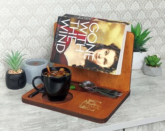 Wooden Book Valet Tray: Nightstand Book Holder & Drink Coaster