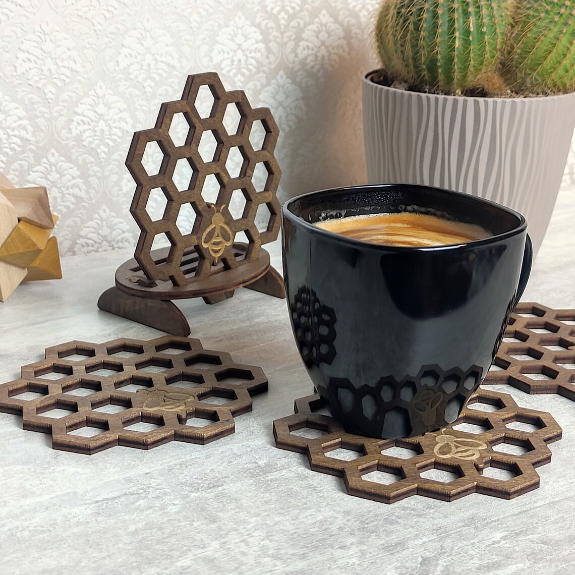 Honeycomb Engraved Wood Coasters: Bee Coasters Set - Etsy